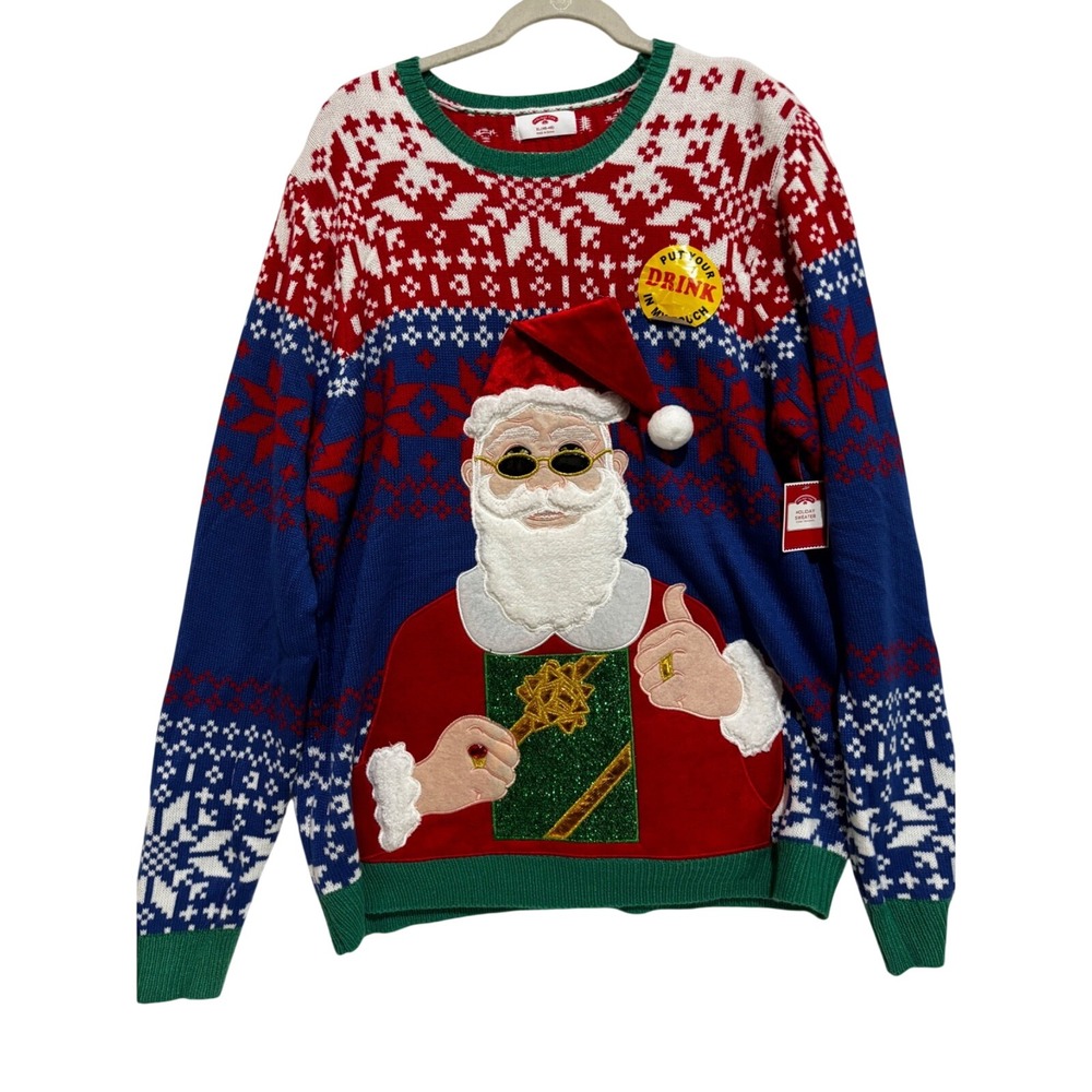 New Holiday Time Ugly Christmas Sweater Santa & Drink Pouch Sz XL Nordic Glam